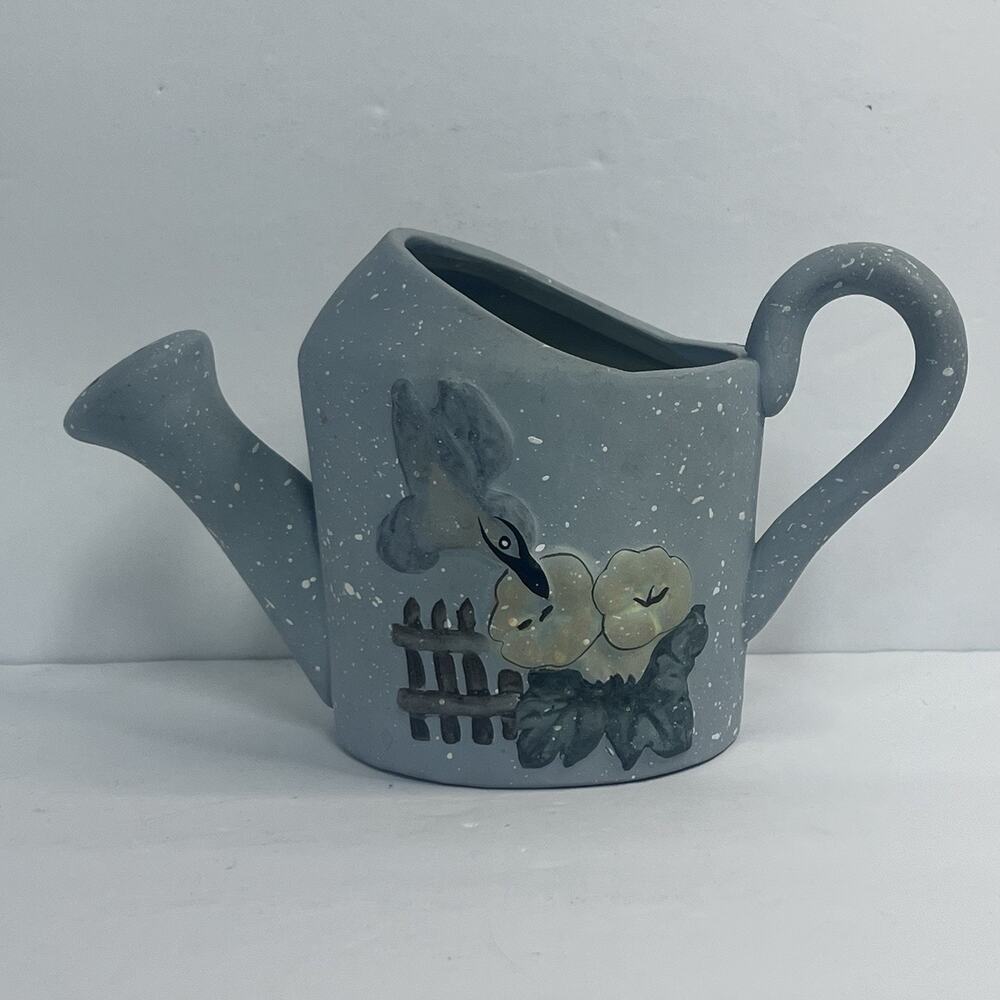 J.T.S International Blue Ceramic Hummingbird‎ Watering Can Planter Speckled 2001